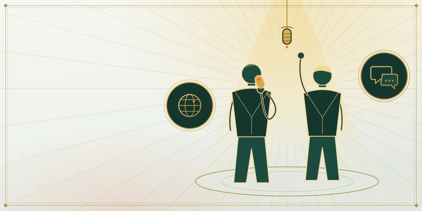 Paper ribbons and a recording microphone form an editorial collage.