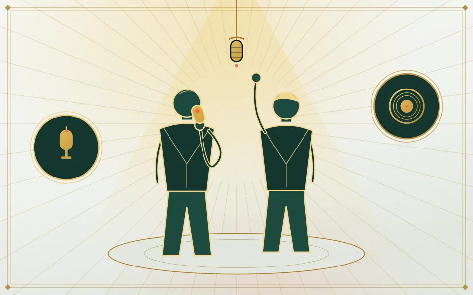 AI editorial illustration: A writing card connected to a photograph of two studio performers.