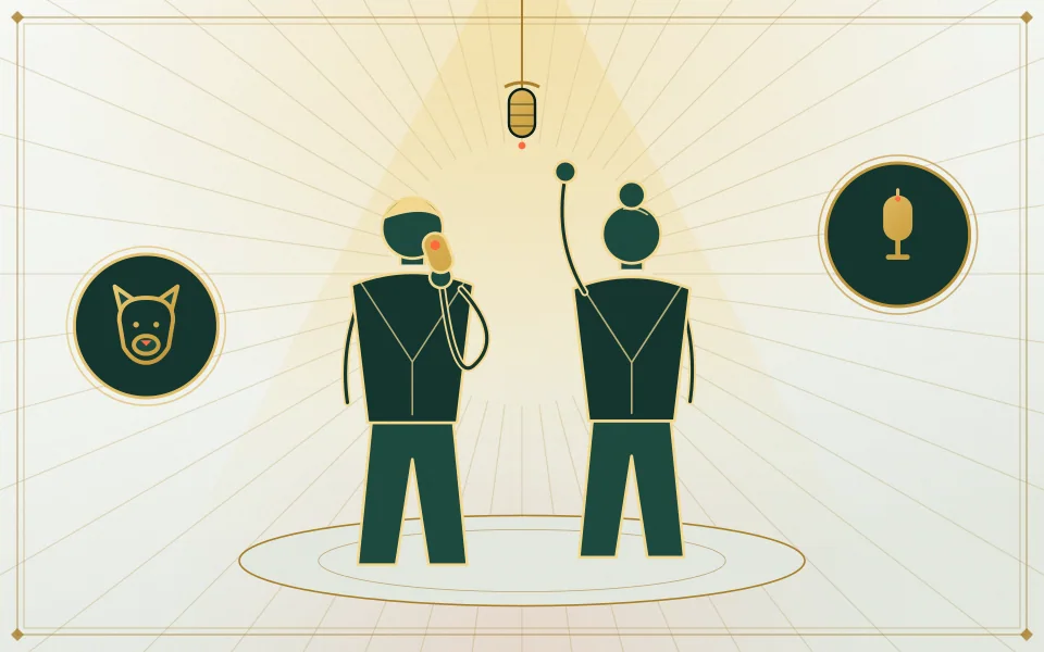 Illustration: a dog photo on the left and an adult portrait on the right, with a microphone and swap arrows.